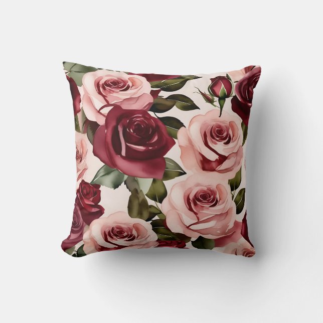 VattenfärgsRosa och Burgundy-Blommigt Kudde (Framsida)