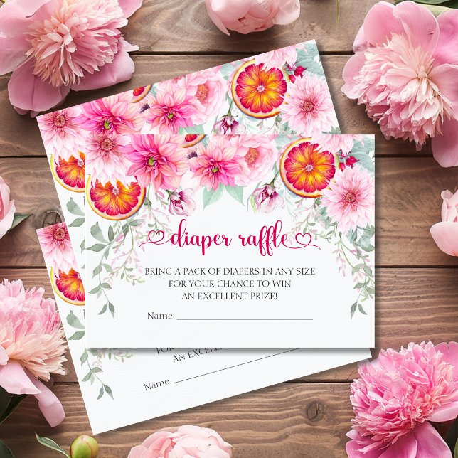 Vattenfärgsrosa och citrusfärgad babystövel för vå tilläggskort (Citrus and Pink Watercolor flowers baby shower diaper raffle enclosure card)