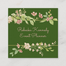 VattenfärgsRosa och Grönt Blommigt Gräns Fyrkantigt Visitkort