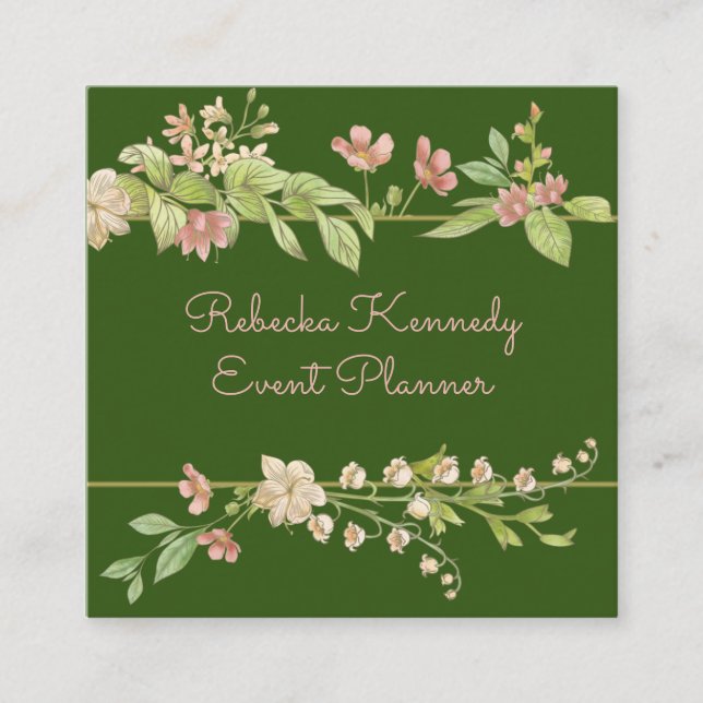 VattenfärgsRosa och Grönt Blommigt Gräns Fyrkantigt Visitkort (Framsida)