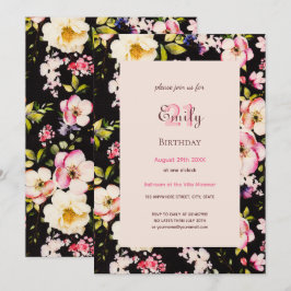 VattenfärgsRosa och Gul ros på svart, födelsedag Inbjudningar