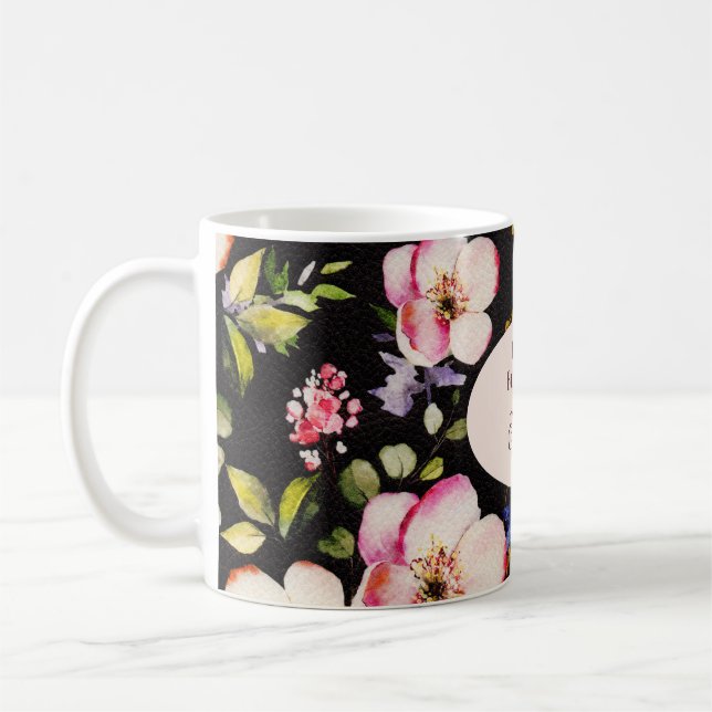 VattenfärgsRosa och Gul ros på svart, födelsedag Kaffemugg (Vänster)