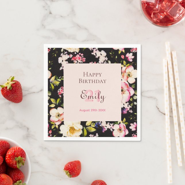 VattenfärgsRosa och Gul ros på svart, födelsedag Pappersservett (Insitu)