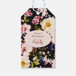 VattenfärgsRosa och Gul ros på svart, födelsedag Presentetikett