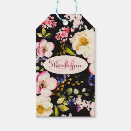 VattenfärgsRosa och Gul ros på svart, födelsedag Presentetikett