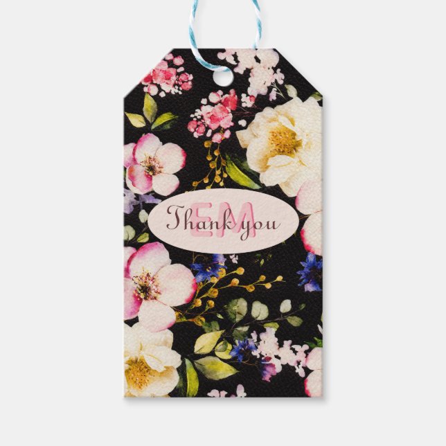 VattenfärgsRosa och Gul ros på svart, födelsedag Presentetikett (Framsidan)