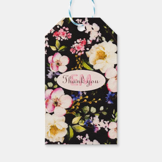 VattenfärgsRosa och Gul ros på svart, födelsedag Presentetikett (Framsidan)