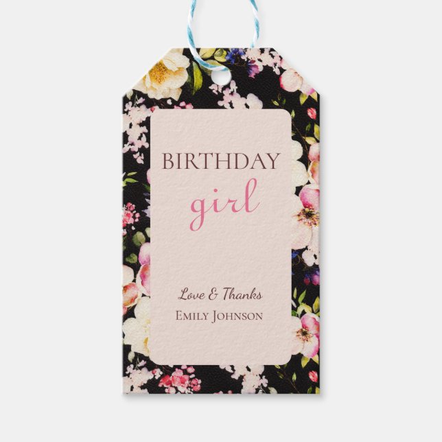 VattenfärgsRosa och Gul ros på svart, födelsedag Presentetikett (Framsidan)