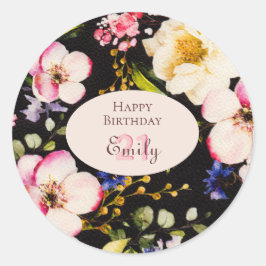 VattenfärgsRosa och Gul ros på svart, födelsedag Runt Klistermärke