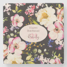 VattenfärgsRosa och Gul ros på svart, födelsedag Stenunderlägg