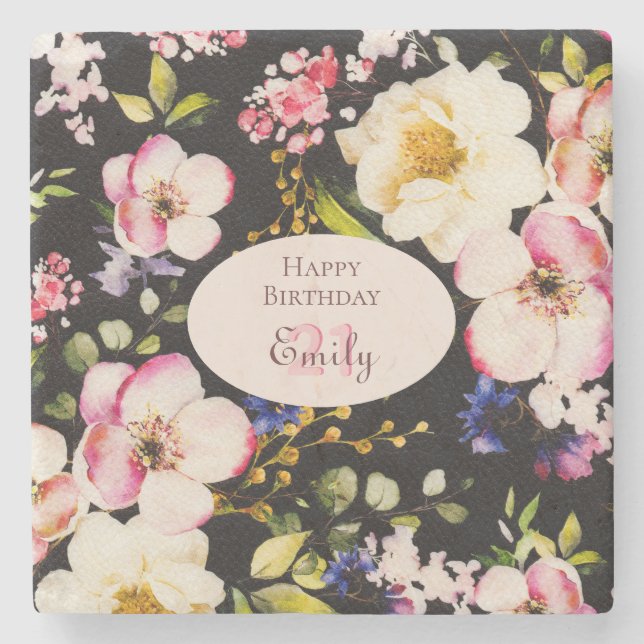 VattenfärgsRosa och Gul ros på svart, födelsedag Stenunderlägg (Framsidan)