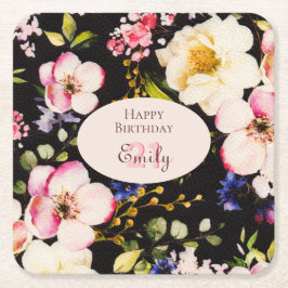 VattenfärgsRosa och Gul ros på svart, födelsedag Underlägg Papper Kvadrat