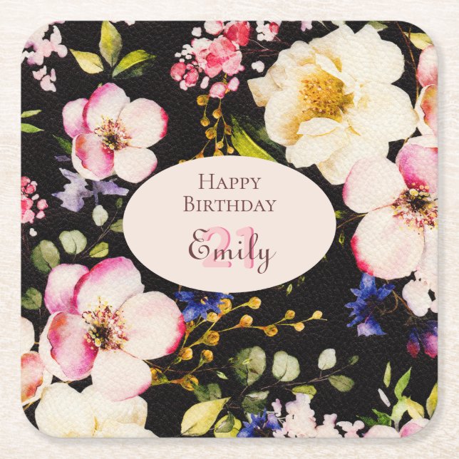 VattenfärgsRosa och Gul ros på svart, födelsedag Underlägg Papper Kvadrat (Framsidan)