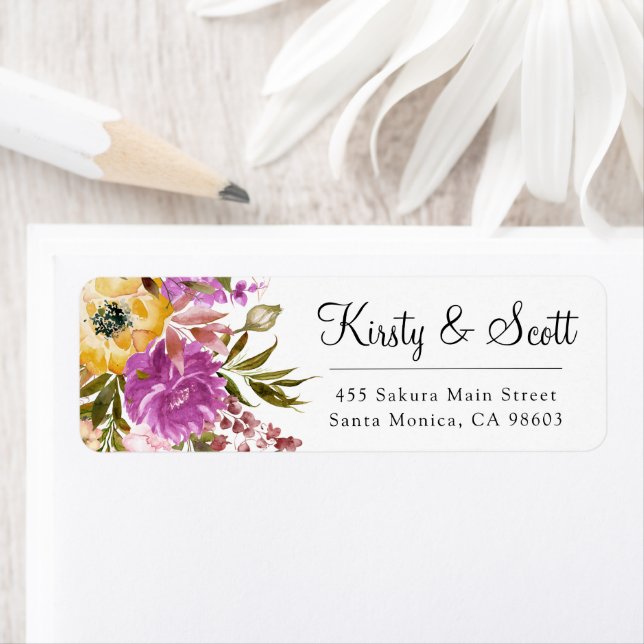 VattenfärgsRosa och Gula blommor Bröllop Adress Returadress Etikett (Insitu)