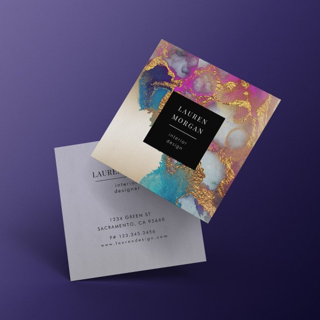 VattenfärgsRosa och Guld Faux Foil-Affärskort Fyrkantigt Visitkort (Skapare uppladdad)