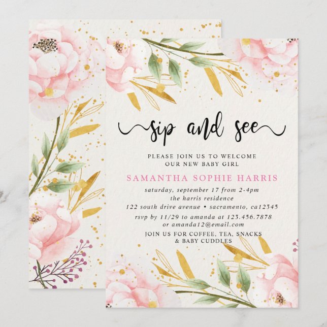 VattenfärgsRosa och Guld Sip och se Inbjudningar (Fram/baksida)