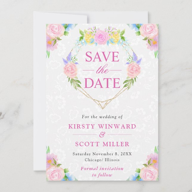 VattenfärgsRosa och Gult Sommarutandning Bröllop Spara Datumet (Framsida)