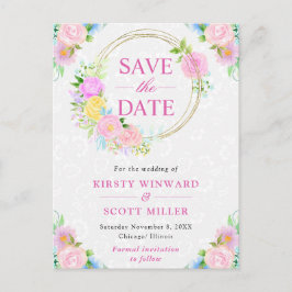 VattenfärgsRosa och Gult Sommarutandning Bröllop Vykort