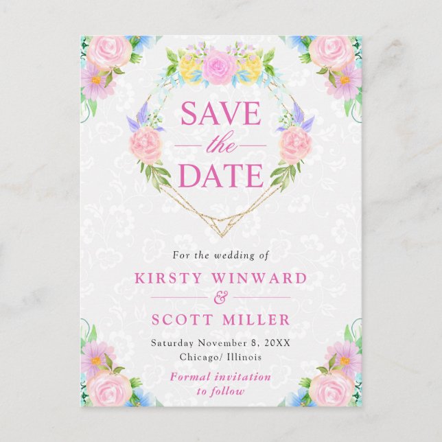 VattenfärgsRosa och Gult Sommarutandning Bröllop Vykort (Framsida)