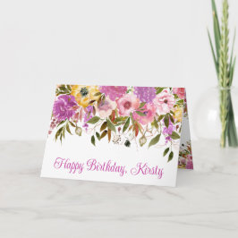 VattenfärgsRosa och Gult Vår blommor födelsedag Kort