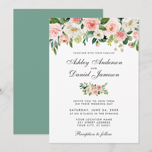 VattenfärgsRosa  och vit Blommigt Bröllop GR Inbjudningar (Fram/baksida)