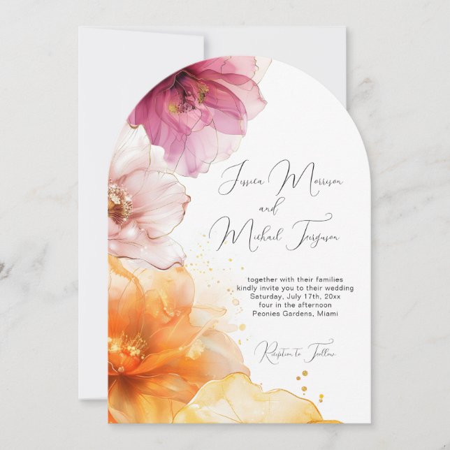 VattenfärgsRosa Orange Blommigt QR-kod Bröllop Inbjudningar (Framsida)