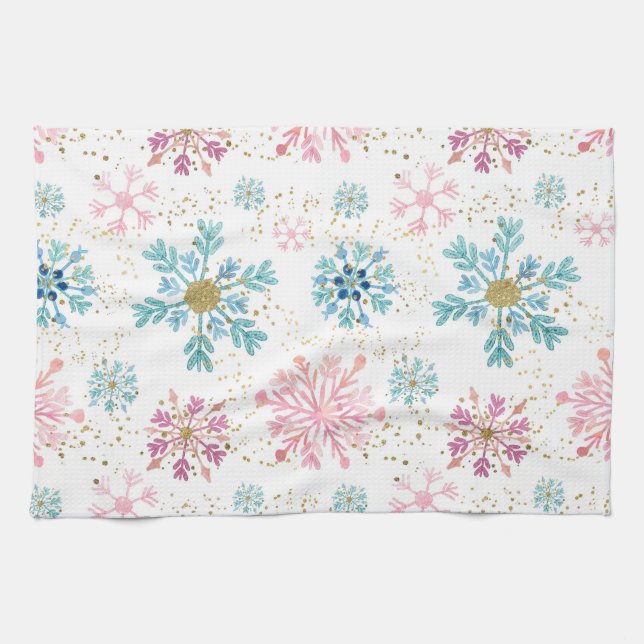 VattenfärgsRosa, Snöflingor för blå vinter och Gul Kökshandduk (Horisontell)