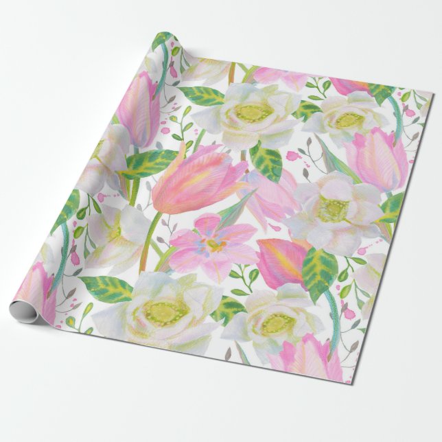 VattenfärgsRosa Tulip Blommönster Gift Presentpapper (Utrullad)