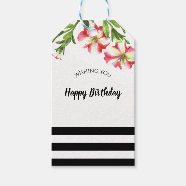 VattenfärgsRosa White Petunias Blommigt Birthday Presentetikett (Framsidan)