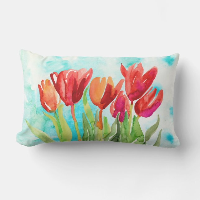 Vattenfärgsrött Tulip på Aqua Dekorativ kudde (Framsida)