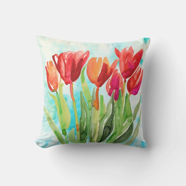 Vattenfärgsrött Tulip på Aqua Dekorativ kudde (Framsida)