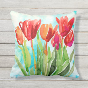 Vattenfärgsrött Tulip på Aqua Dekorativ kudde