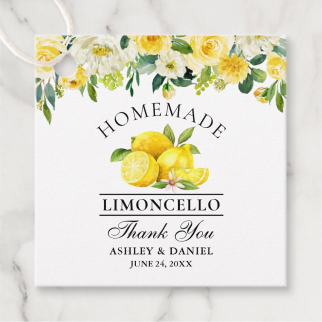 Vattenfärgsruta, Blommigt Lemons Limoncello Square Gåvor Etiketter (Framsida)