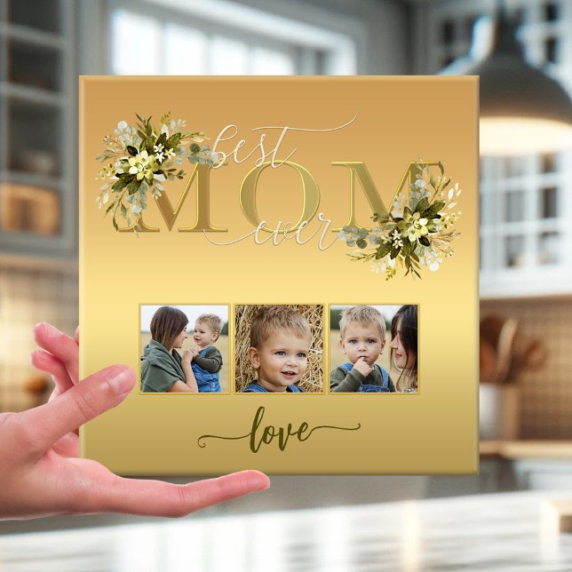 Vattenfärgsruta, Blommigt Photo Collage Mamma Tile Kakelplatta (Elegant Mom love photo template tile with watercolor flowers on gold - script - Mother's Day)