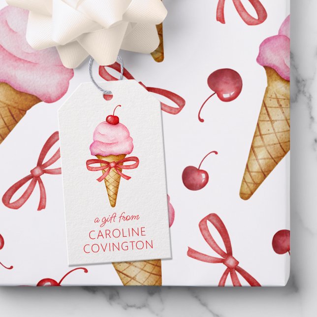 Vattenfärgsruta Bow Rosa Ice Cream Cone Presentetikett (Skapare uppladdad)