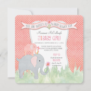 Vattenfärgsruta Cute Girl Baby Shower Elephant Inbjudningar