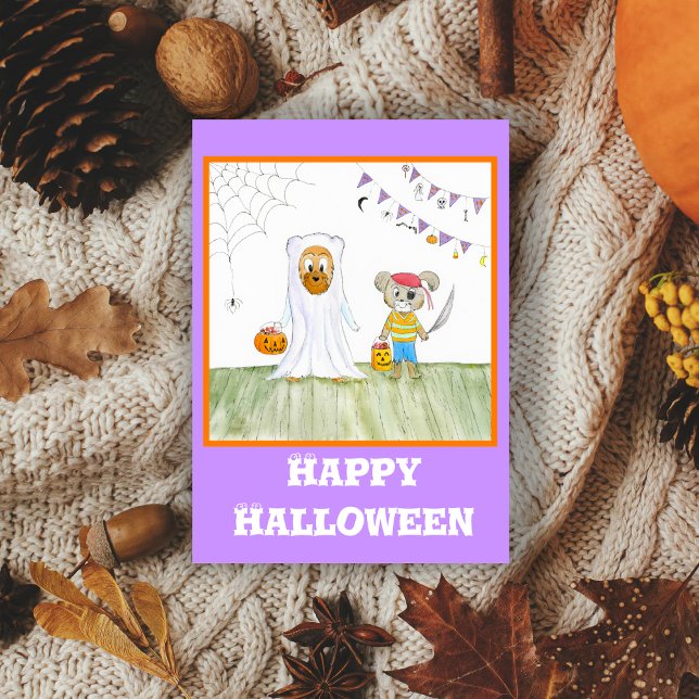 Vattenfärgsrutor Cute Nalle Happy halloween Kort (Kids will find this adorable Halloween card!)