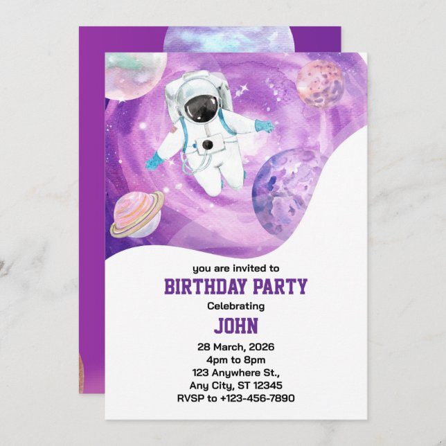 Vattenfärgsrymden Galaxy Astronaut Birthday Inbjudningar (Fram/baksida)