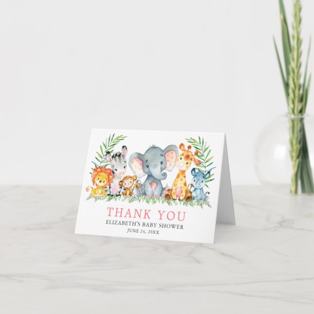VattenfärgsSafari Animals Baby Shower Rosa Obs! Tack Kort (Framsida)