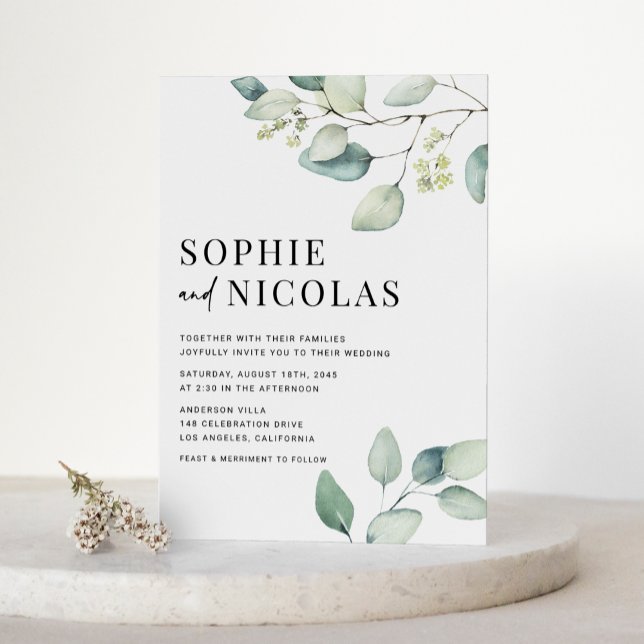 Vattenfärgssäsong Eucalyptus QR Grönt Bröllop Inbjudan Vykort (Watercolor Sage Green Eucalyptus Wedding Invitation Postcard)