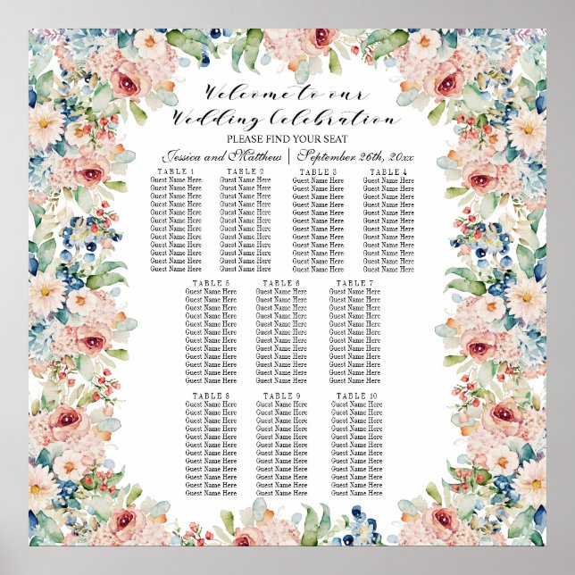 Vattenfärgssäten 10 Bord Bröllop i Blommigt Poster (Framsidan)