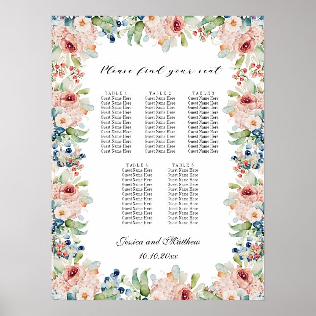 Vattenfärgssäten i Blommigt 5 Bord Bröllop Poster (Framsidan)