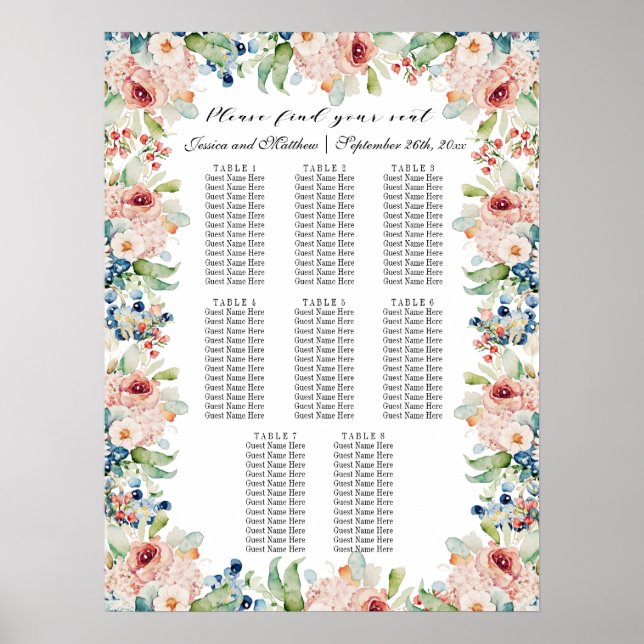 Vattenfärgssäten i Blommigt 8 Bord Bröllop Poster (Framsidan)