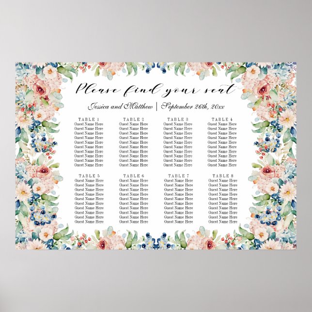 Vattenfärgssäten i Blommigt 8 Bord Bröllop Poster (Framsidan)