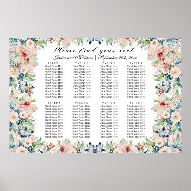 Vattenfärgssäten i Blommigt 8 Bord Bröllop Poster (Framsidan)