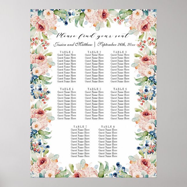 Vattenfärgssäten i Blommigt 8 Bord Bröllop Poster (Framsidan)