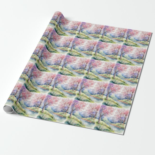 Vattenfärgsscenen Vår Presentpapper (Utrullad)