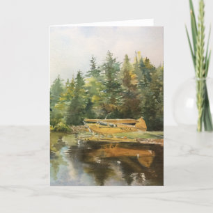 Vattenfärgsseaplane Adirondacks Sjö Forest Grönt Tack Kort