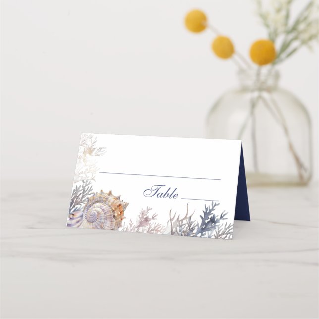Vattenfärgsseasheller koraller Bröllop Placeringskort (Framsida)