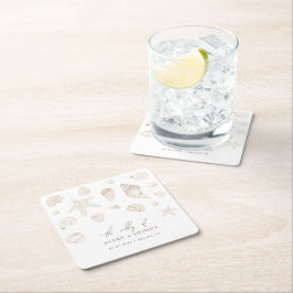 Vattenfärgsseashells Pearls Nautical Beach Wedding Underlägg Papper Kvadrat